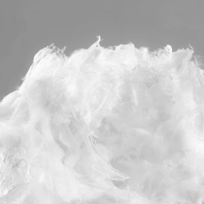 Loose white modal fibers photographed for Lenzing’s product portfolio after cellulose regeneration.
