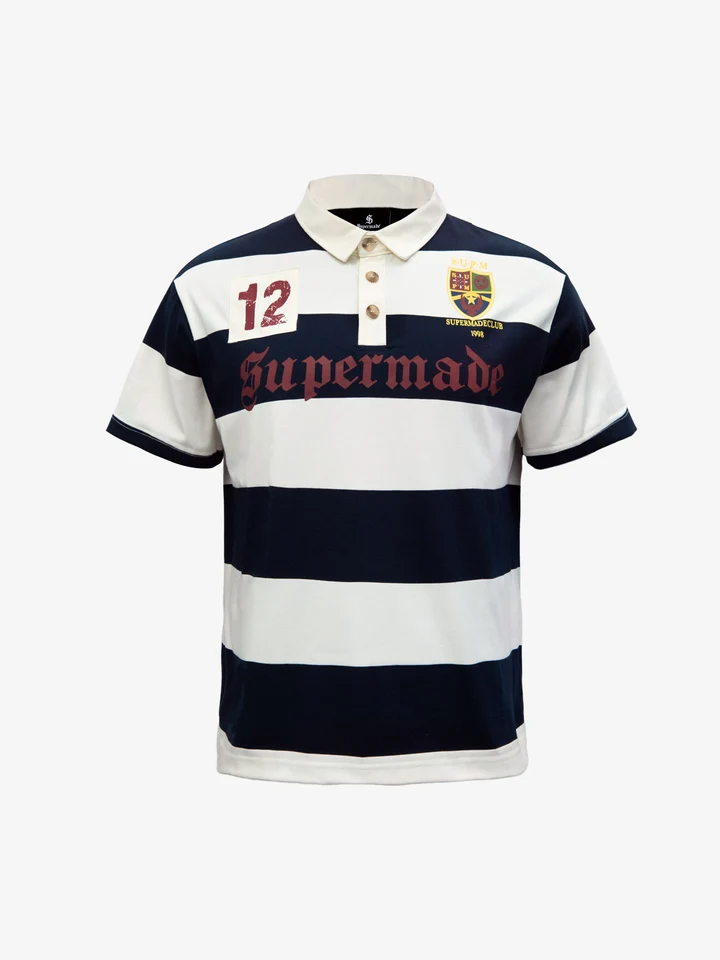 Navy and cream striped rugby shirt with a contrast collar and embroidered chest details.