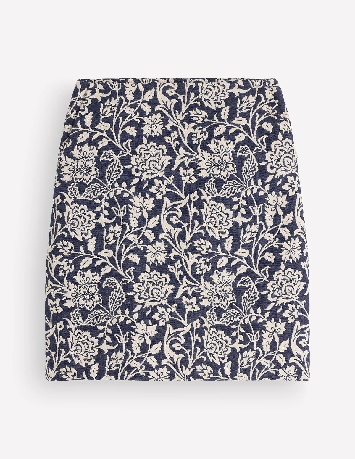 Navy and ivory floral jacquard A-line skirt shown flat, with a smooth waist and gently widening sides