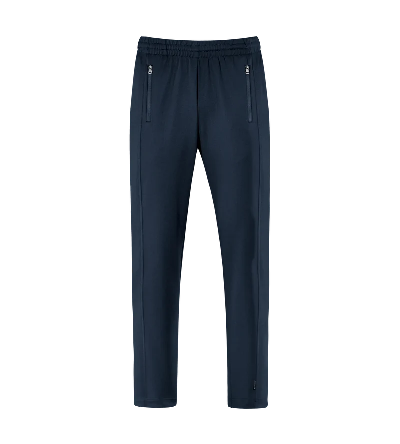 Navy track pants with an elastic waistband and zip pockets, shown without a model