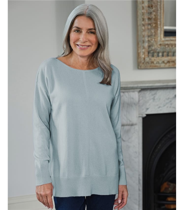 Pale blue sweater with a wide, shallow boat neckline.