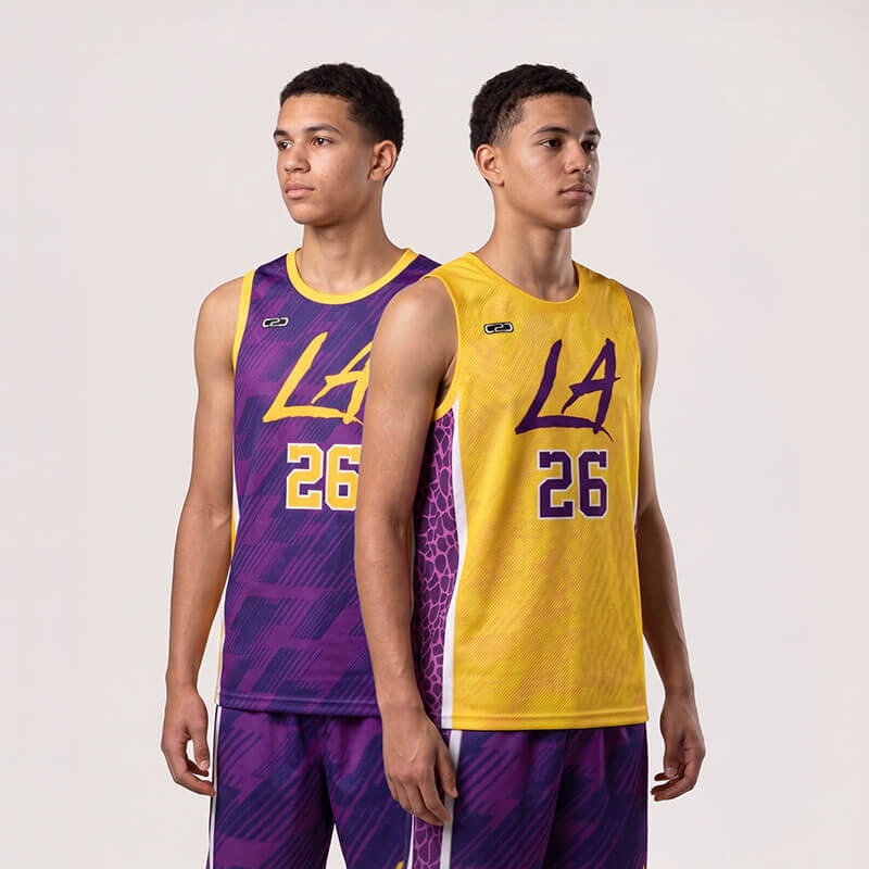 Purple and yellow sides of a reversible basketball jersey