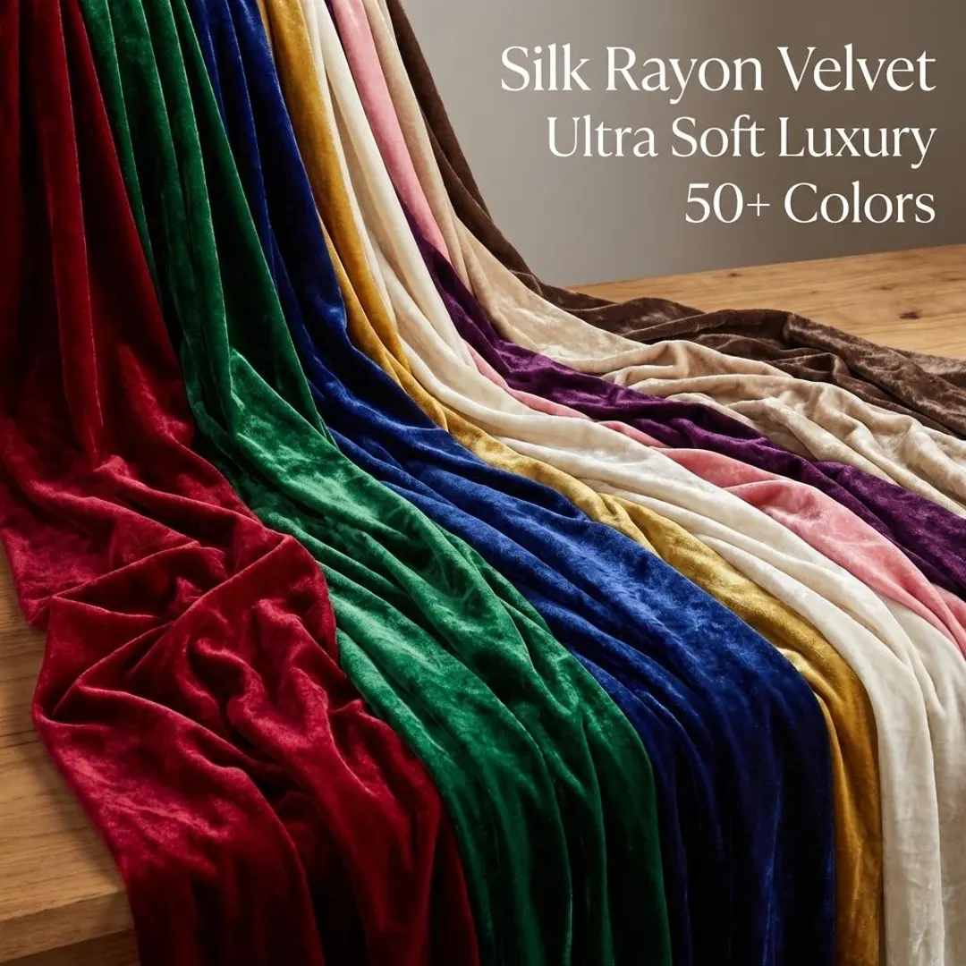 Silk-rayon velvet in multiple colors showing a fluid drape and high surface luster.