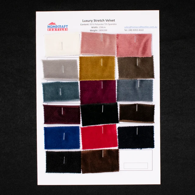 Stretch velvet sample sheet with multiple velvet swatches and printed composition, width and GSM specifications.