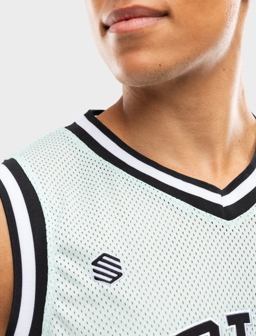Striped V-neck and armhole binding on a mesh basketball jersey