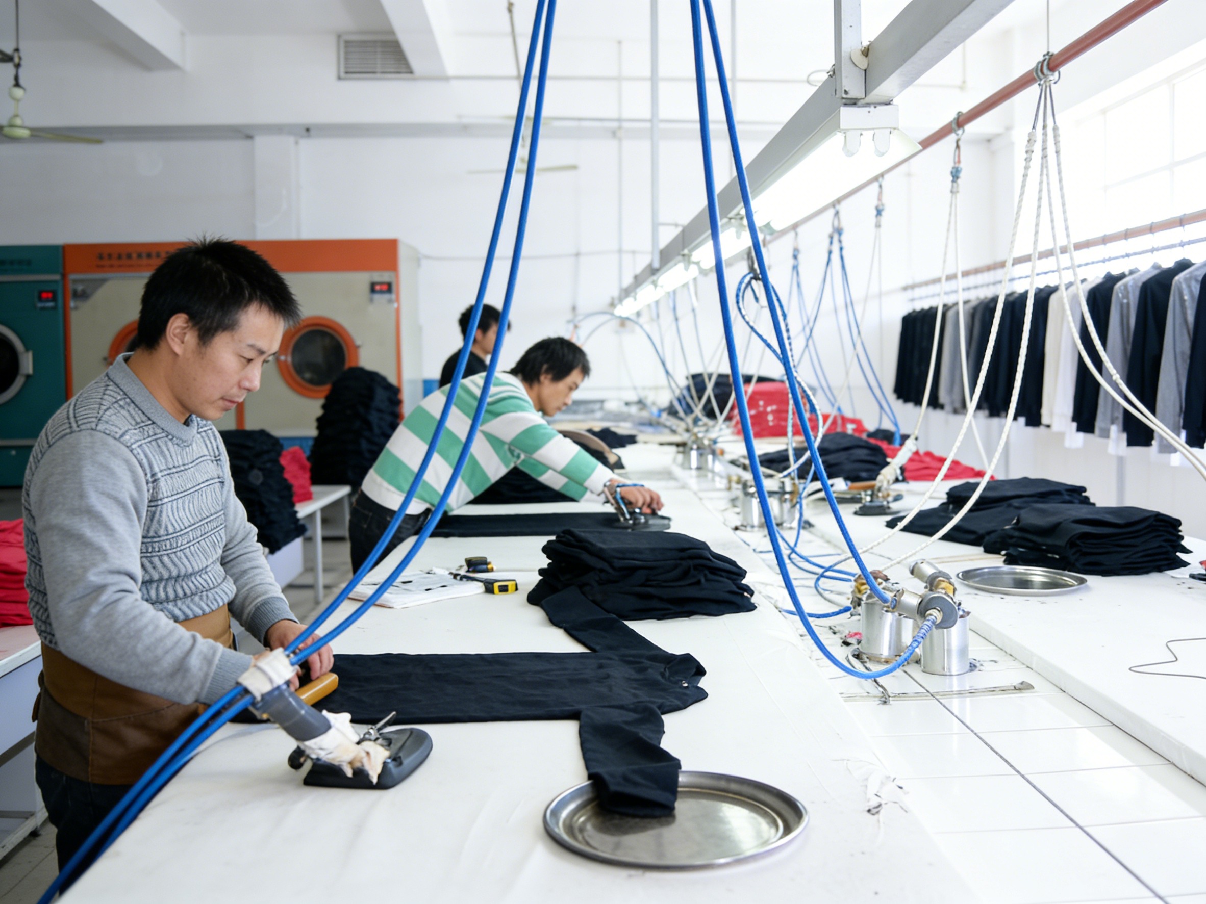 Sweaters being steam pressed on a garment finishing table