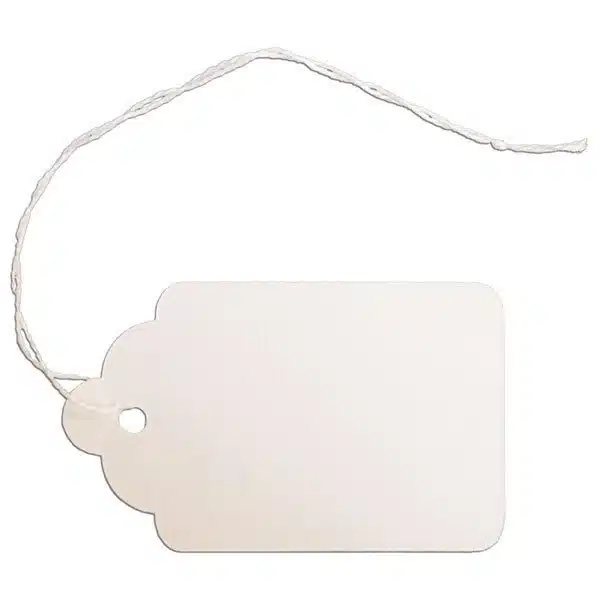 Trim reference: an unprinted white clothing hang tag with an attached string.