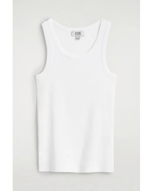 White ribbed tank top laid flat, with wide straps and a round neckline.