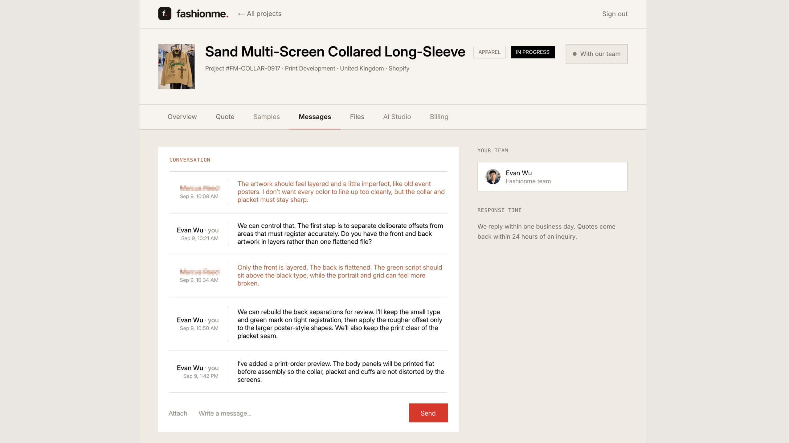 Design communication for Controlled contrast: developing a sand-colored multi-print zip jacket — screenshot 1 of 2