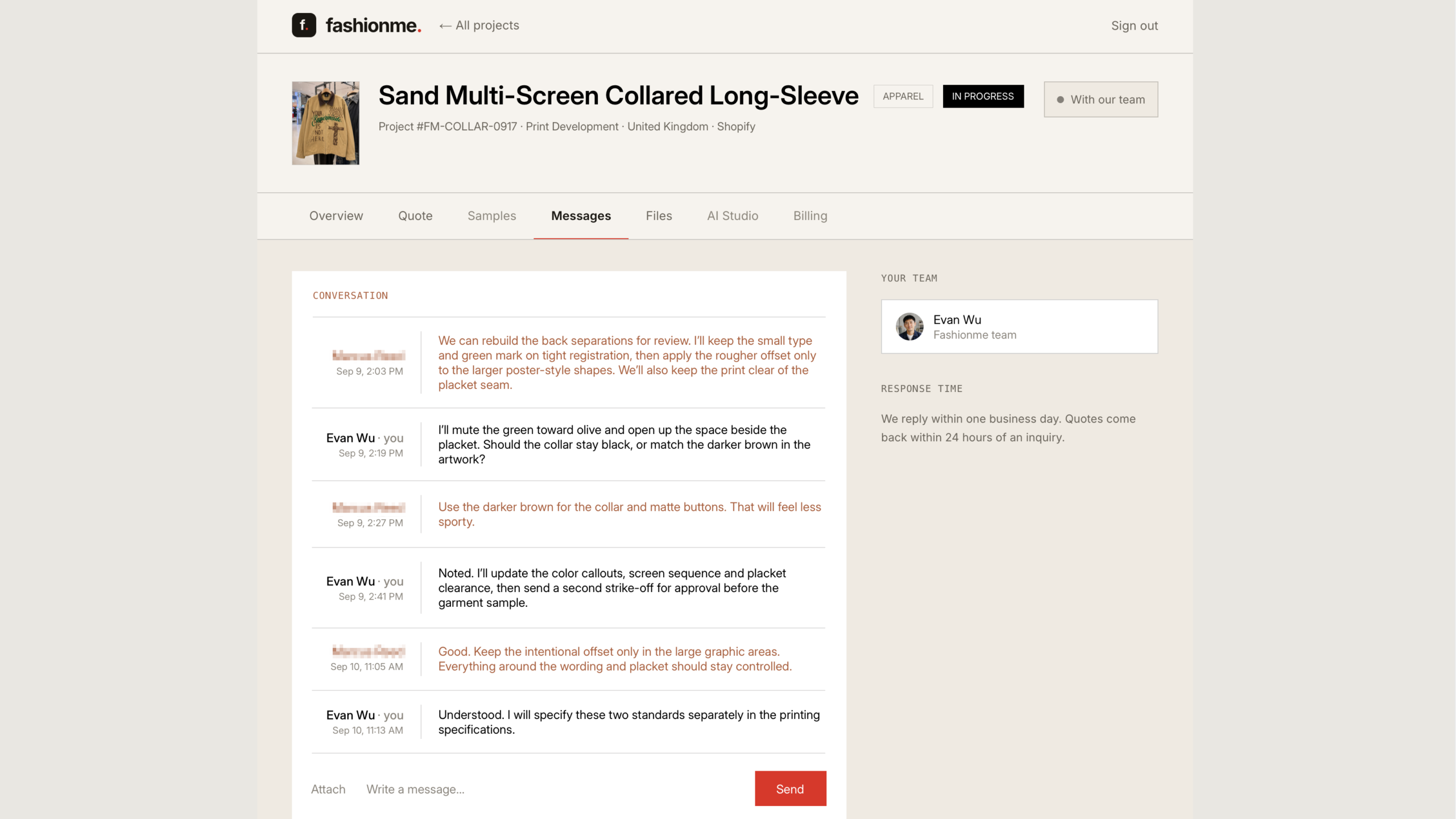 Design communication for Controlled contrast: developing a sand-colored multi-print zip jacket — screenshot 2 of 2