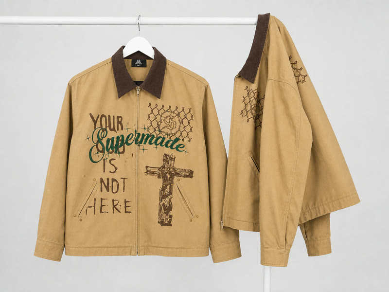 Sand-colored graphic zip jackets with contrast collars on hangers
