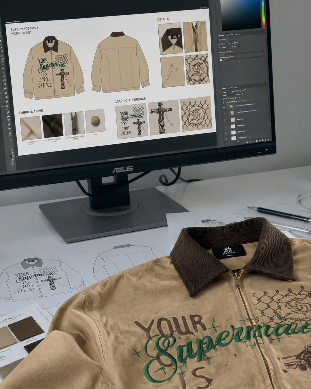 Design development: front-and-back views, artwork, collar, zipper and trim details.