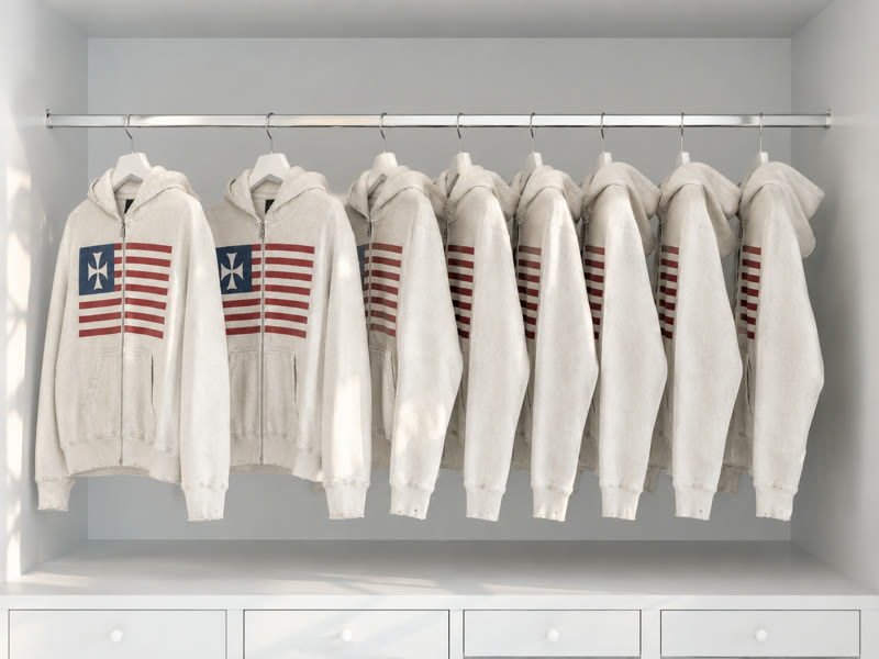 Off-white graphic zip hoodies arranged on a white clothing rail