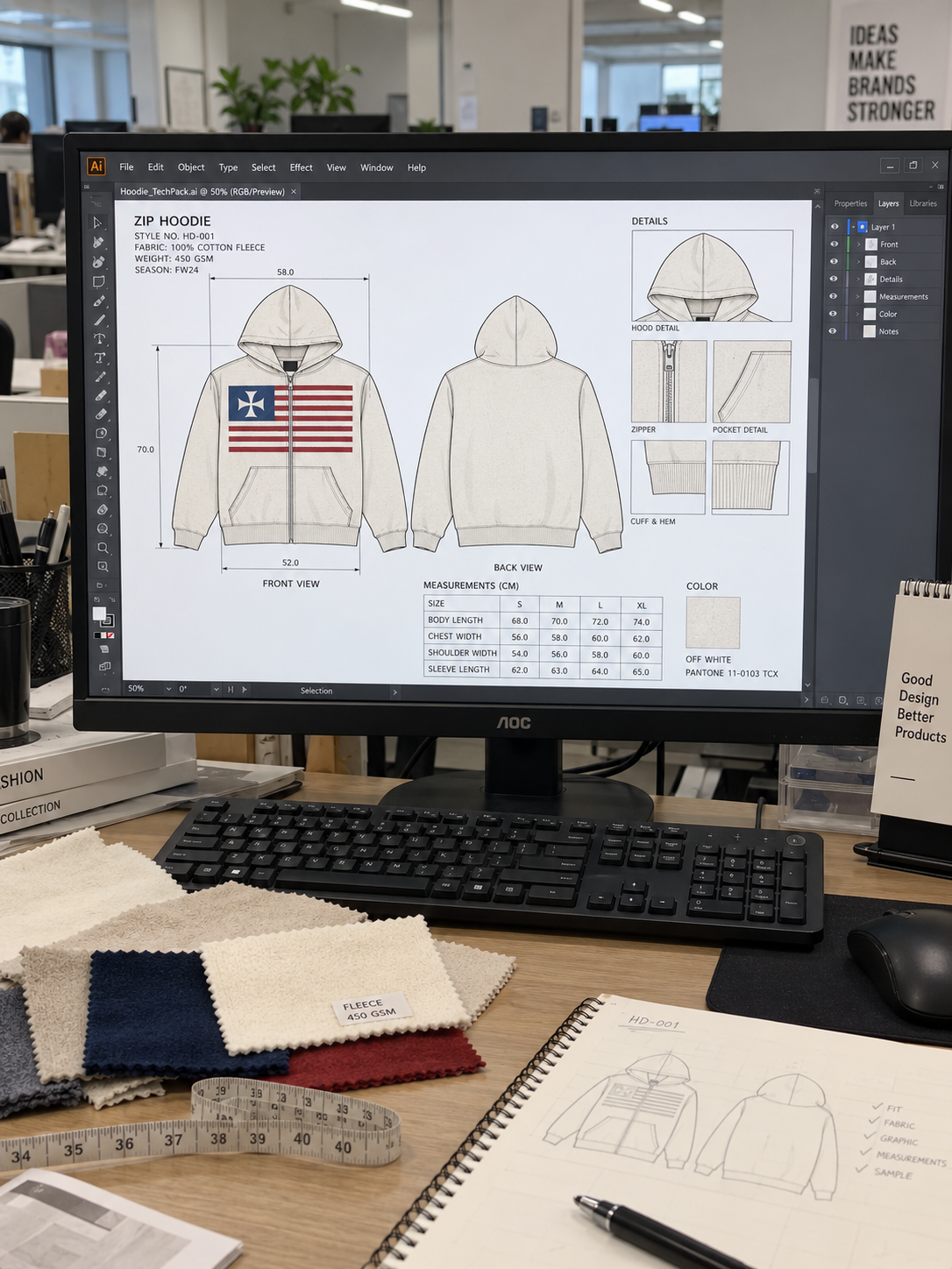 Design and specification review: front-and-back hoodie construction, measurements, color and detail callouts.