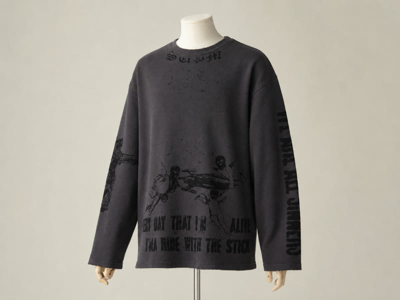 Washed charcoal waffle-knit graphic long sleeve displayed on a mannequin