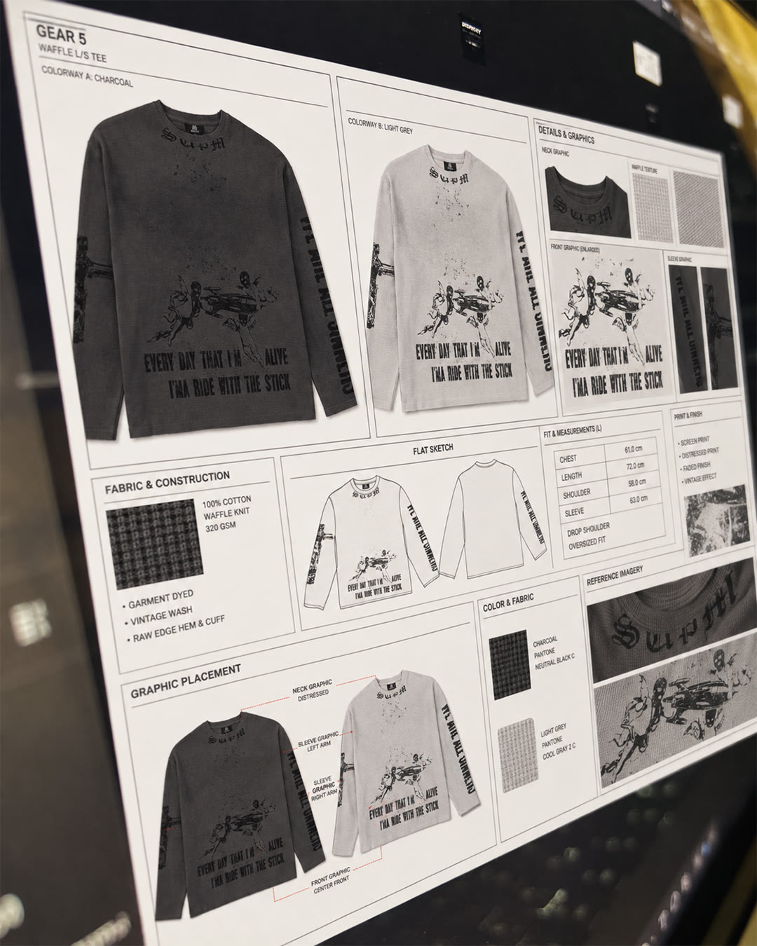 Technical design sheet: fabric, colorways, graphic placement and target measurements.