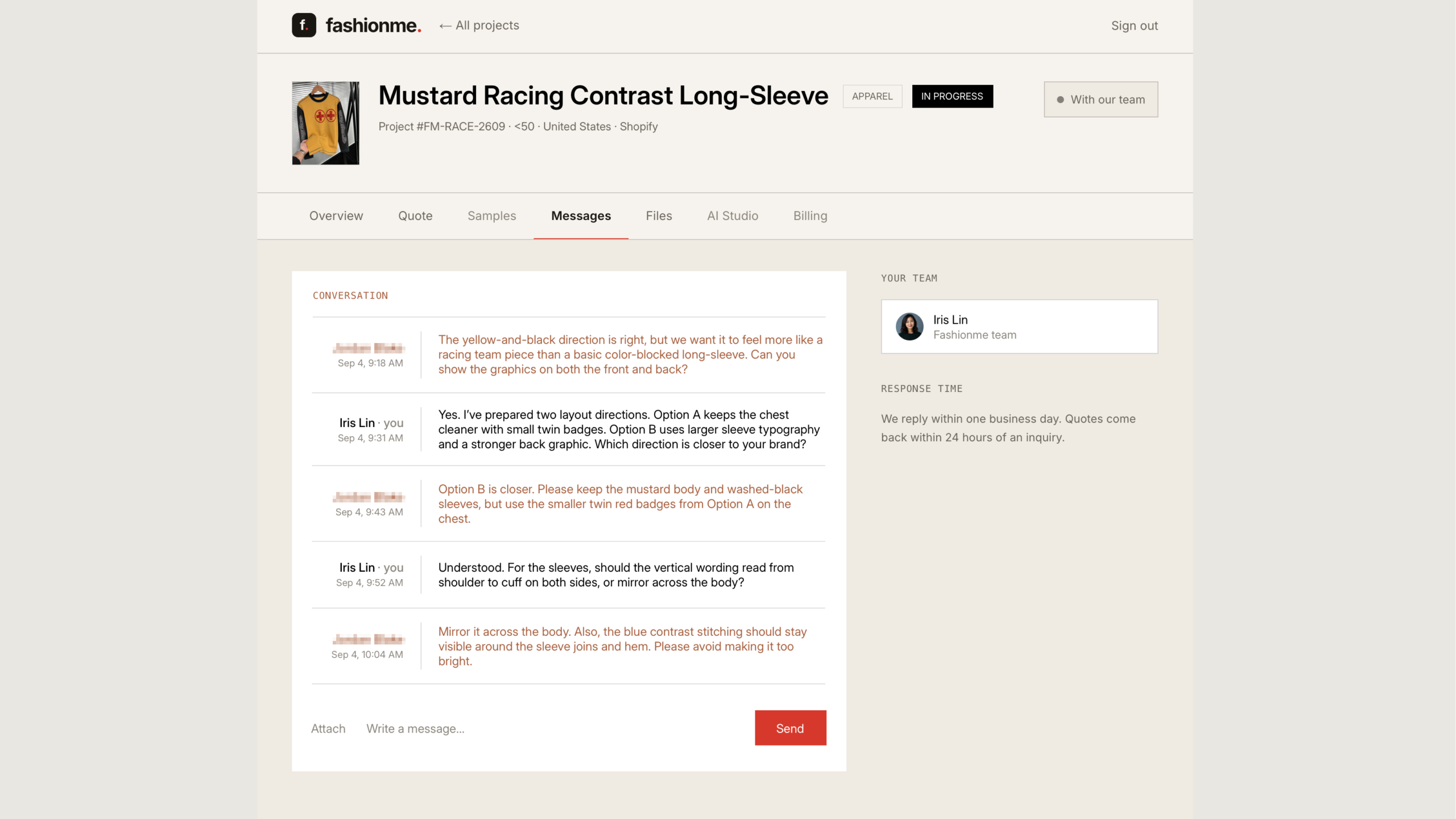Design communication for More than a color match: developing a racing-inspired long sleeve — screenshot 1 of 2