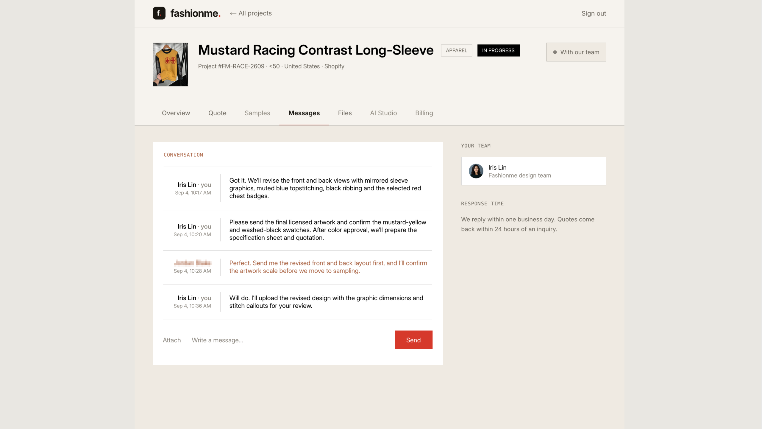 Design communication for More than a color match: developing a racing-inspired long sleeve — screenshot 2 of 2