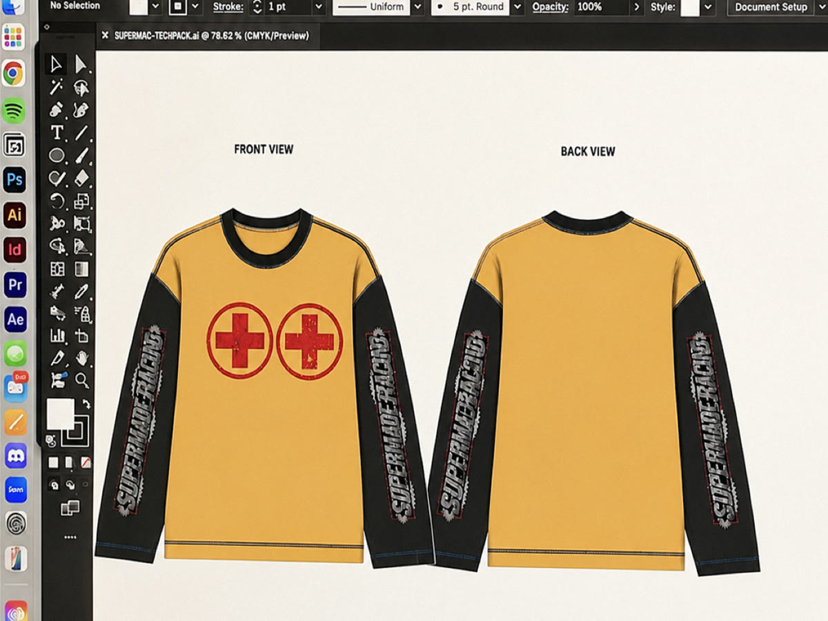 Front-and-back design: color blocking, artwork placement and construction details.