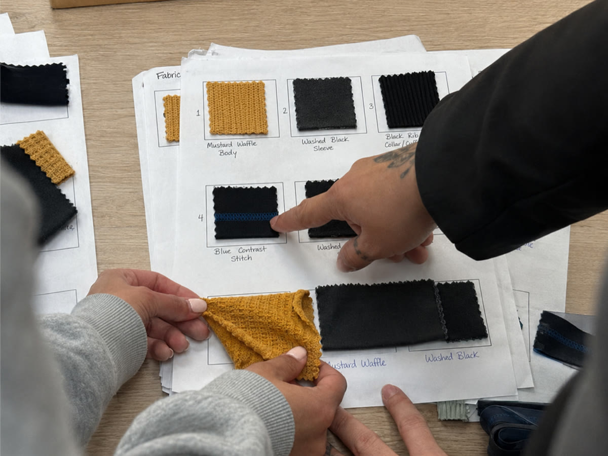 Fabric and trim review: mustard body, washed-black sleeves, black ribbing and blue contrast stitching.