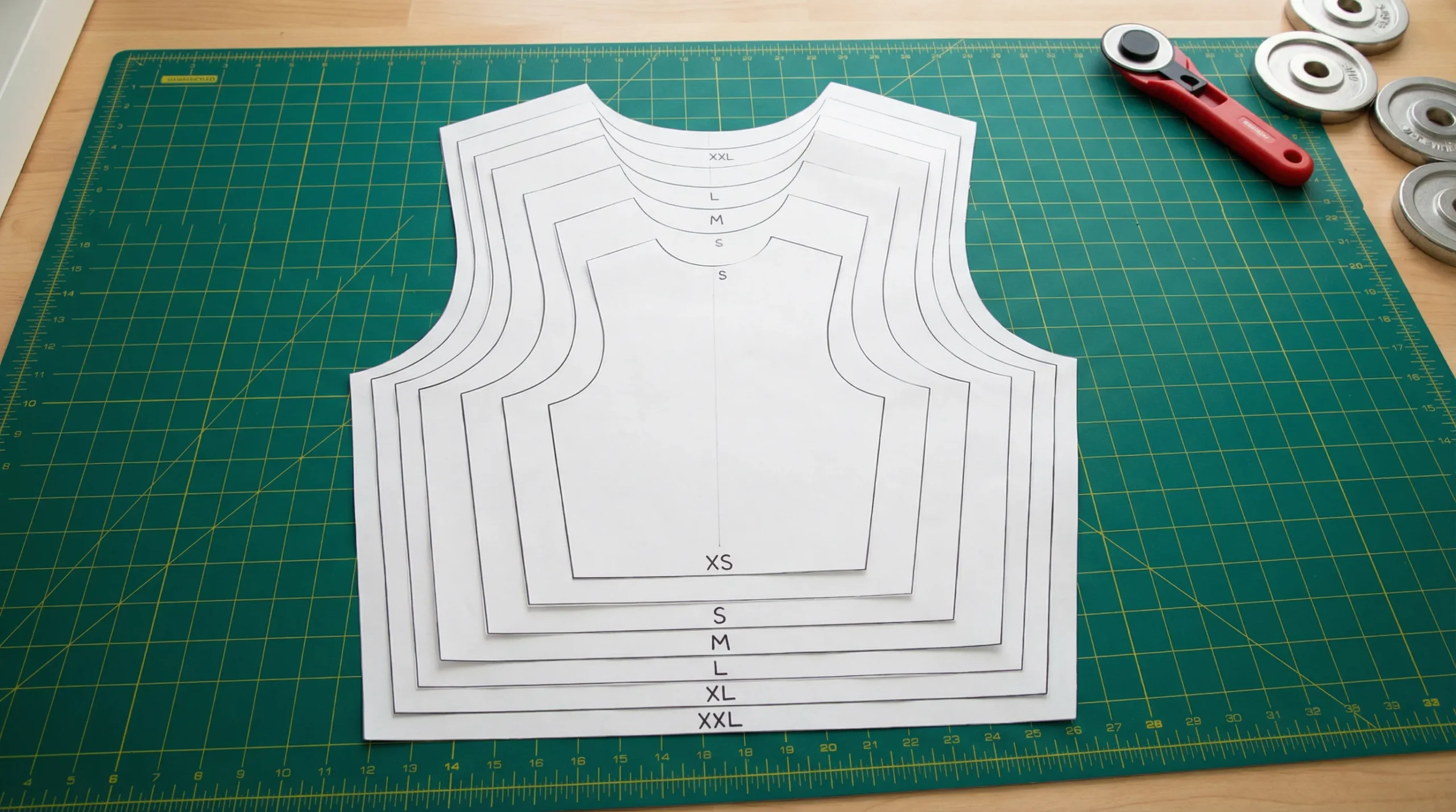 Nested garment pattern pieces showing multiple graded sizes