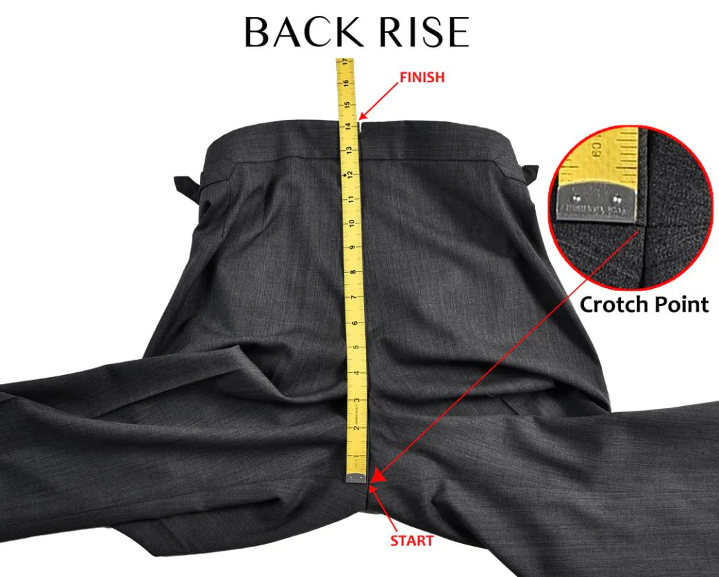 Back rise measured from the crotch point to the rear waistband